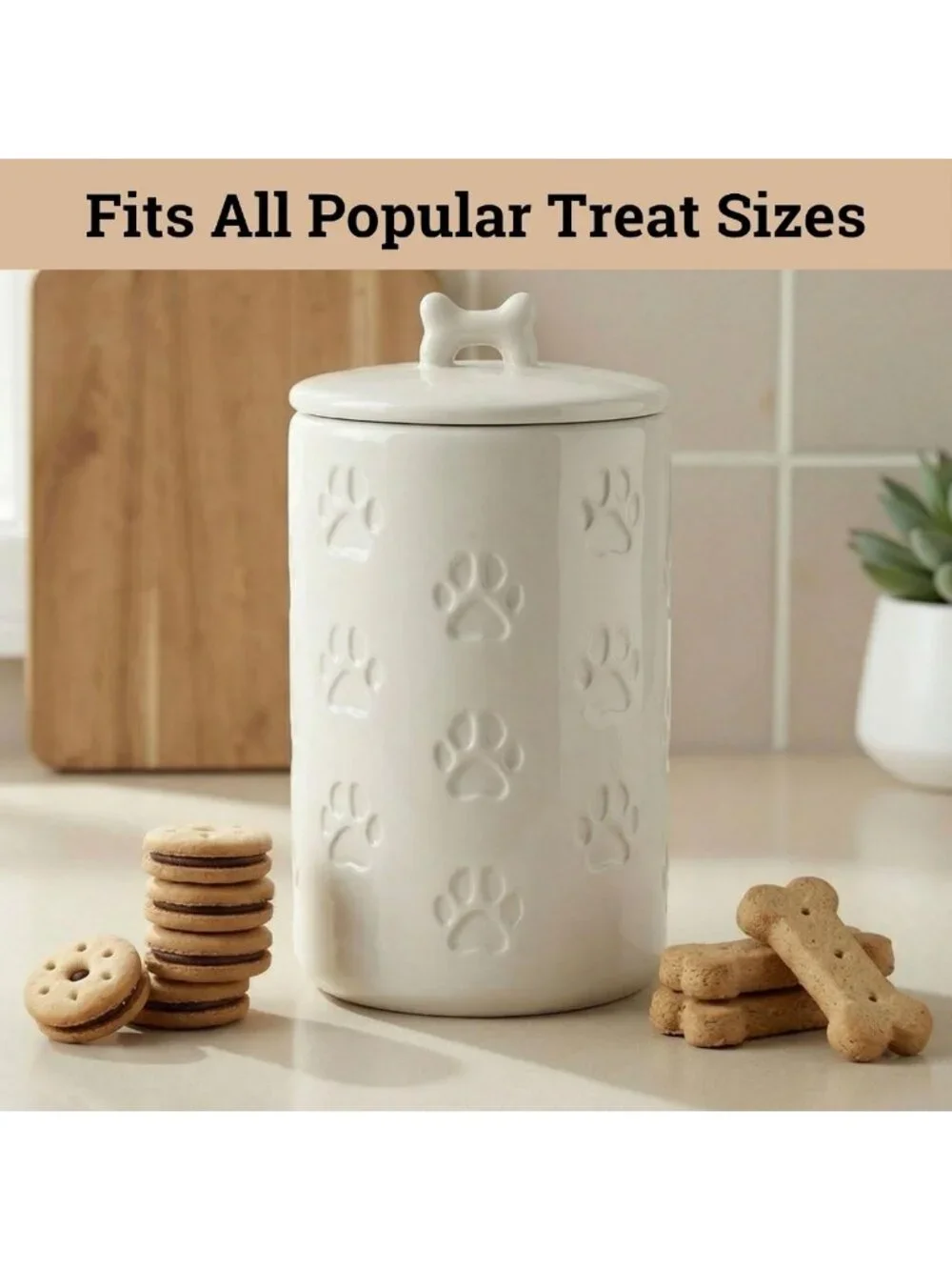 Airtight Dog Treat Container - 7 Cup Ceramic Jar for Kitchen - Cute Pet Cookie